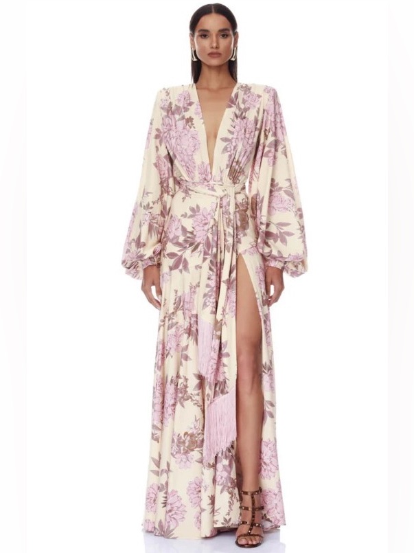 Bronx & Banco Magnolia Carmen Tassel Wrap High Slit Bell Sleeve Gown M Nwot